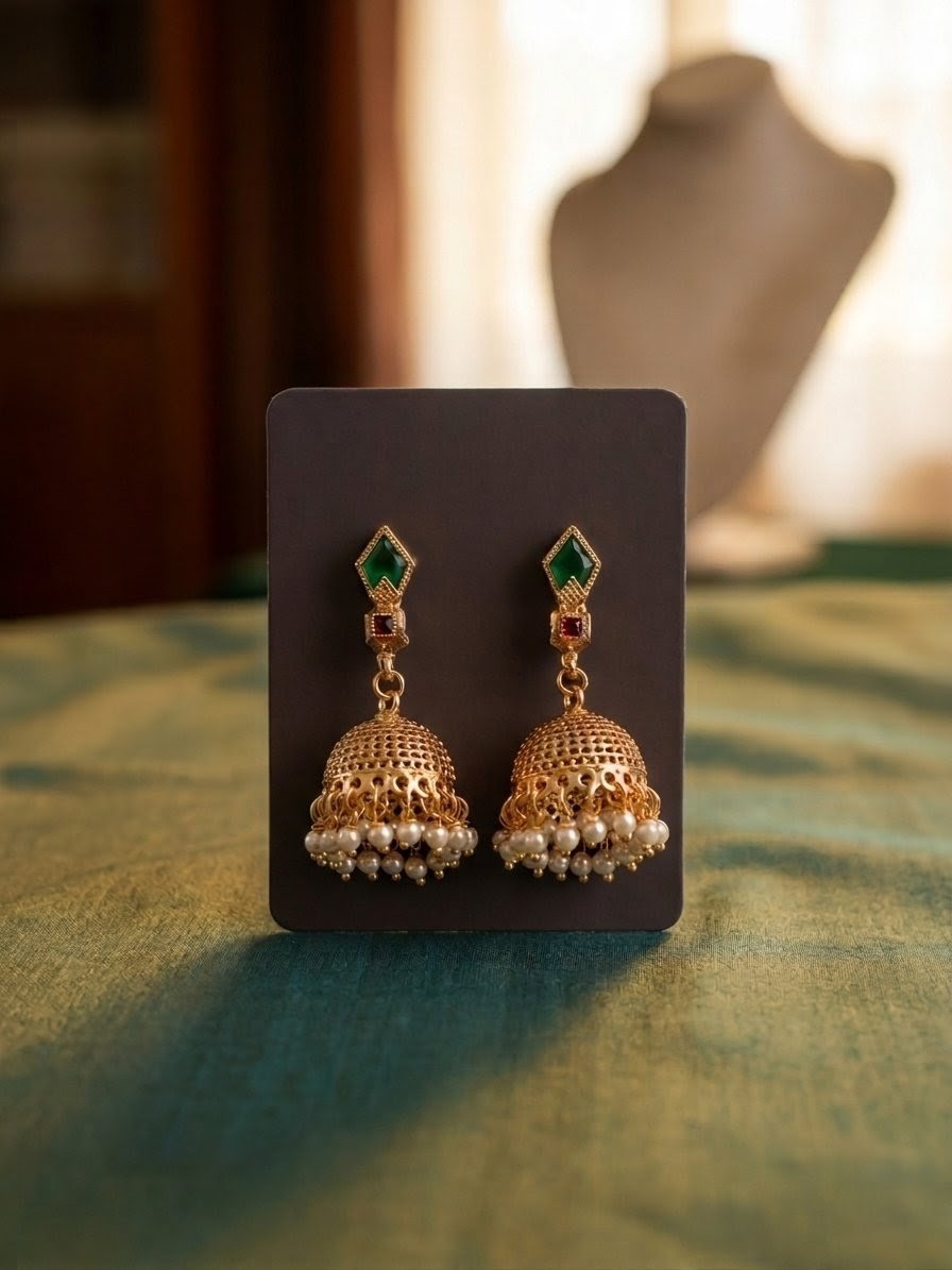 Emerald Pearl Jhumka Earrings
