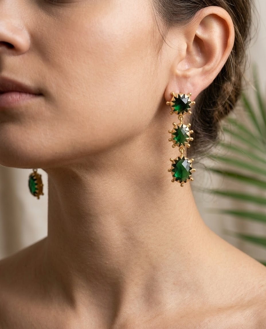 Regal Emerald Green Triple-Drop Statement Earrings