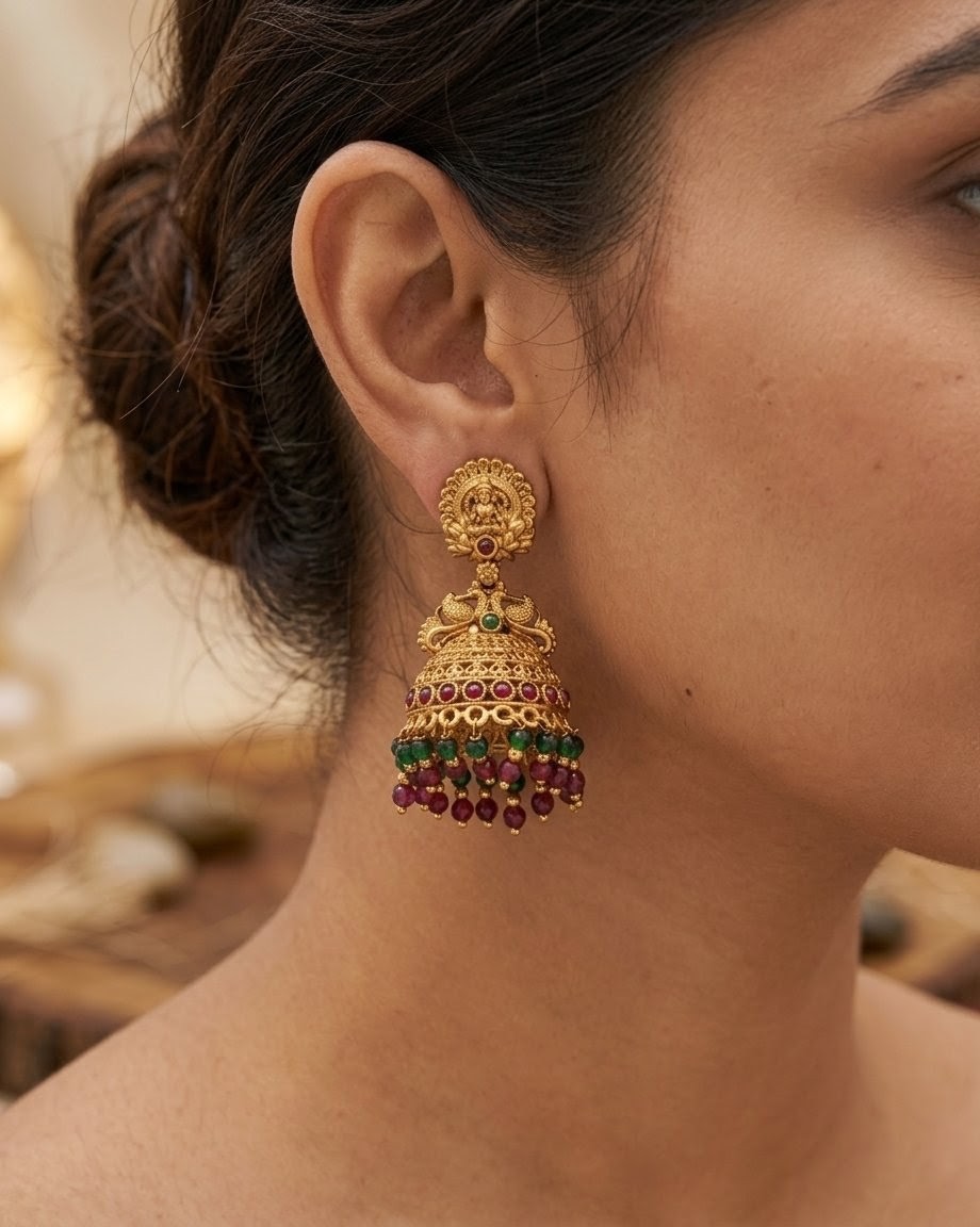 Antique Gold Temple Jhumkas – Lakshmi Motif