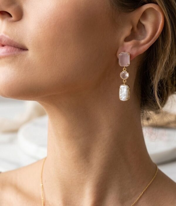 Rose Quartz & Baroque Pearl Triple-Drop Earrings
