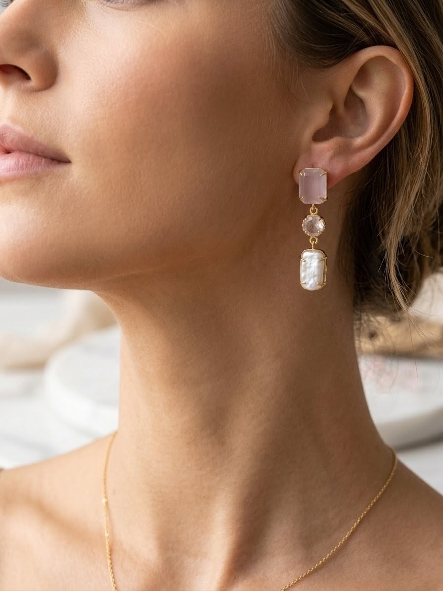 Rose Quartz & Baroque Pearl Triple-Drop Earrings