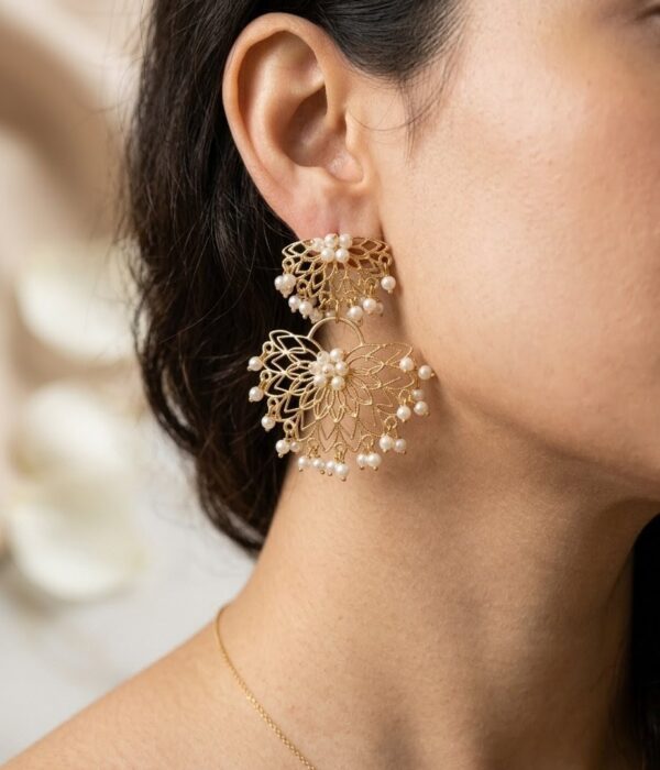Gold Filigree & Pearl Chandelier Earrings.