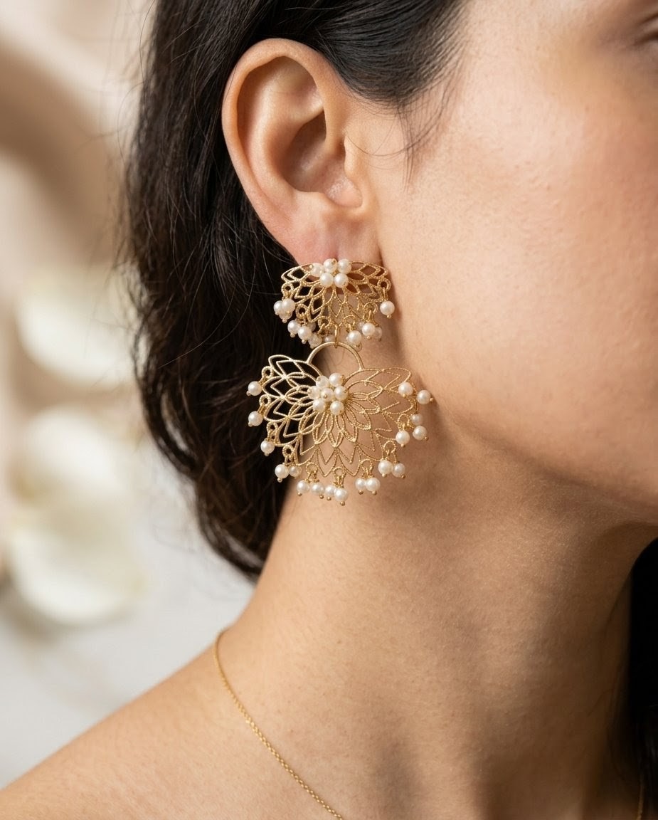 Gold Filigree & Pearl Chandelier Earrings.