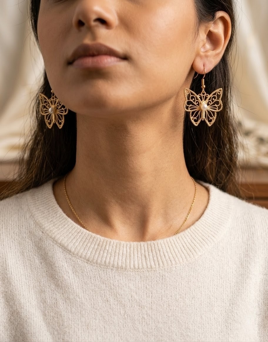 Gold Butterfly Filigree Earrings.