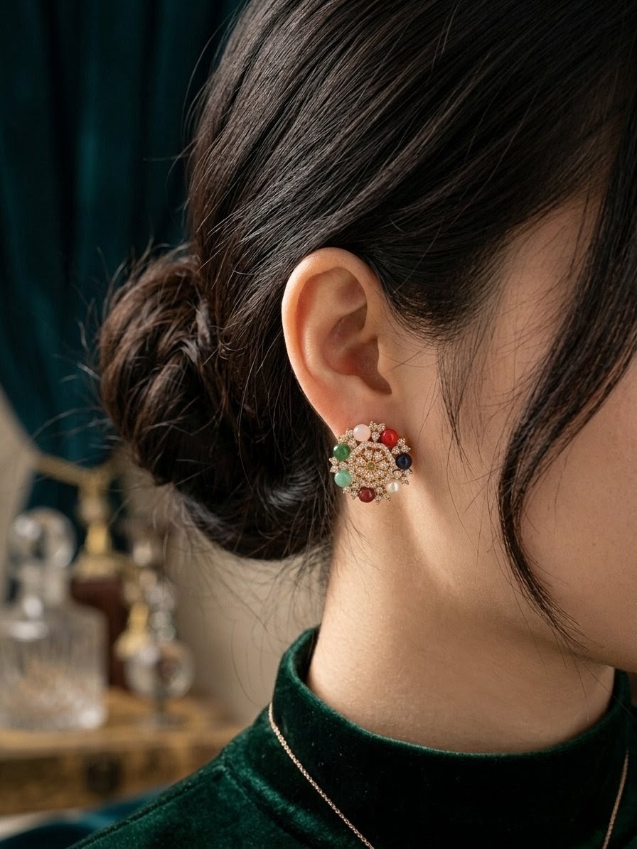 Navaratna Floral Stud Earrings