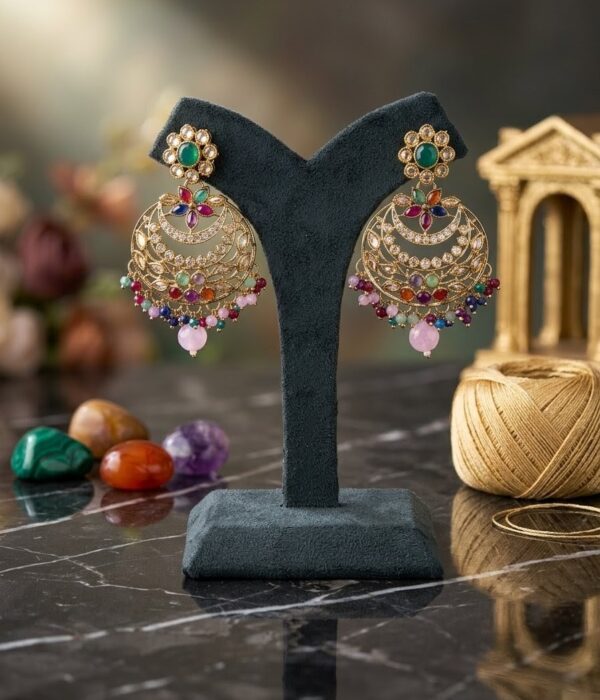 Navaratna Floral Chandbali Earrings