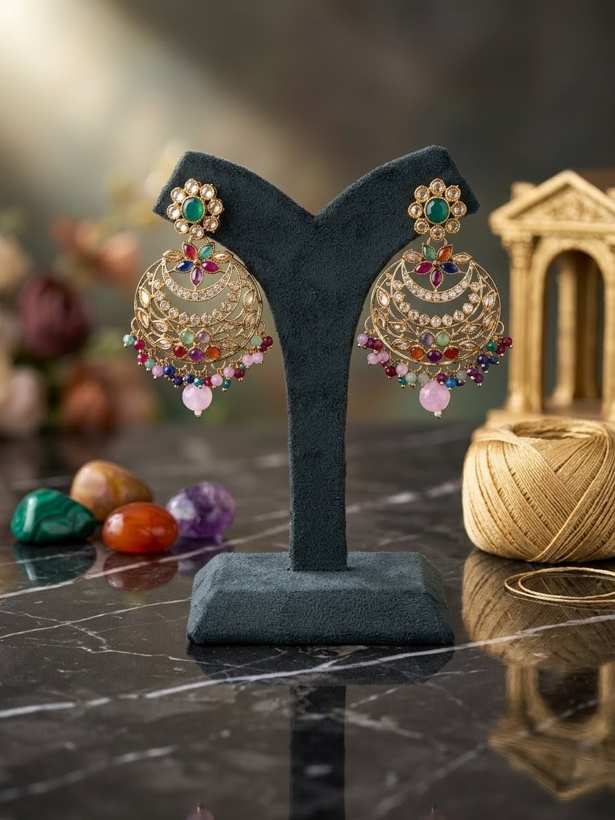 Navaratna Floral Chandbali Earrings