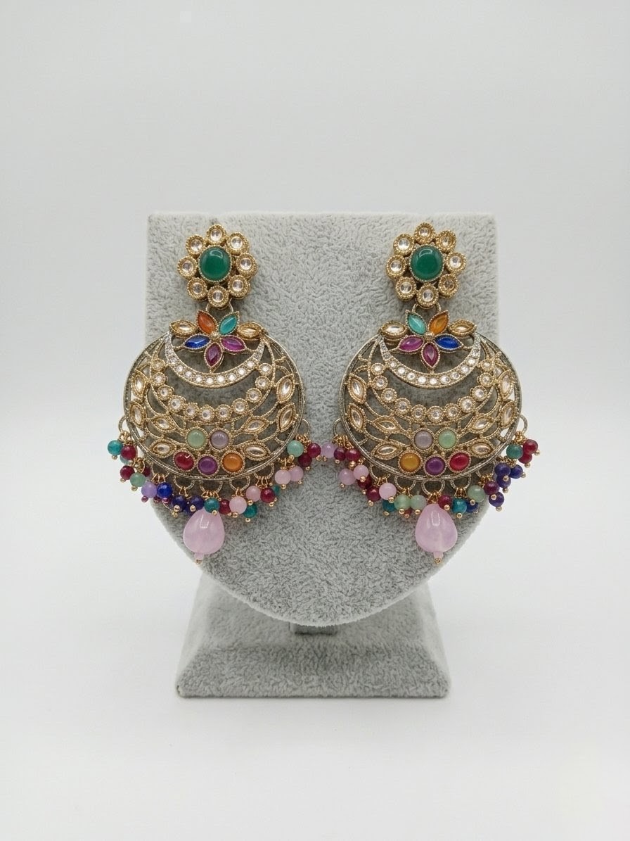 Navaratna Floral Chandbali Earrings