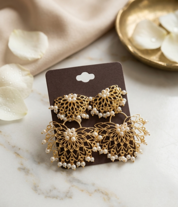 Gold Filigree & Pearl Chandelier Earrings.