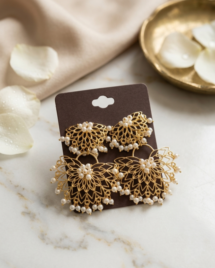 Gold Filigree & Pearl Chandelier Earrings.