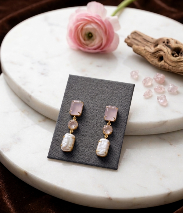 Rose Quartz & Baroque Pearl Triple-Drop Earrings