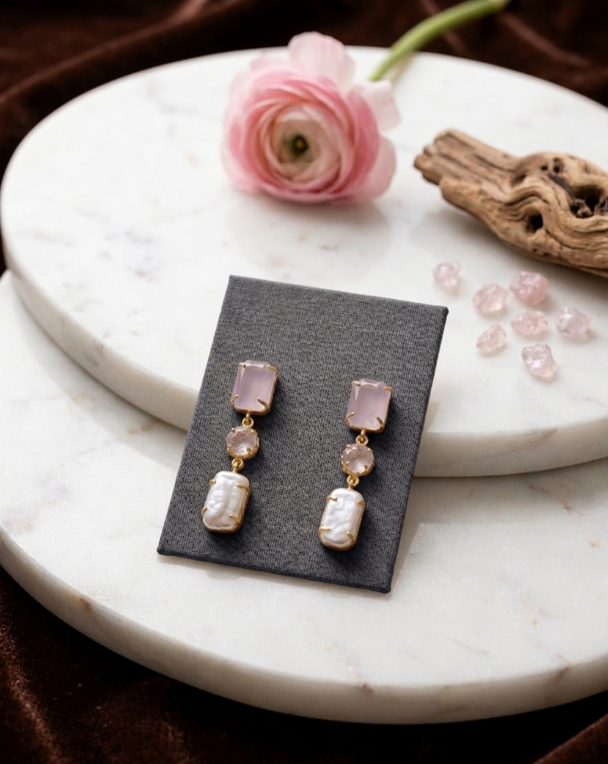 Rose Quartz & Baroque Pearl Triple-Drop Earrings