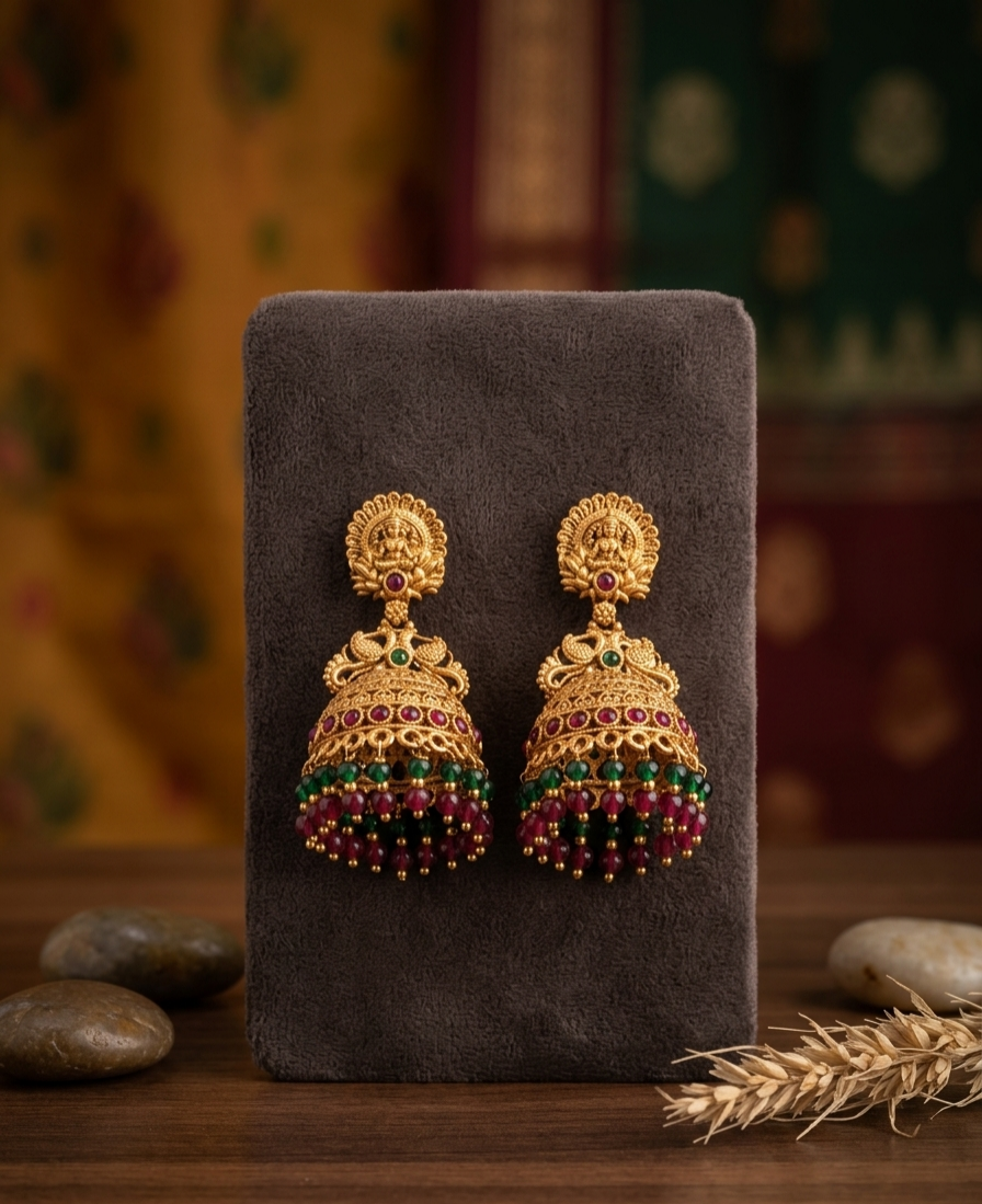 Antique Gold Temple Jhumkas – Lakshmi Motif