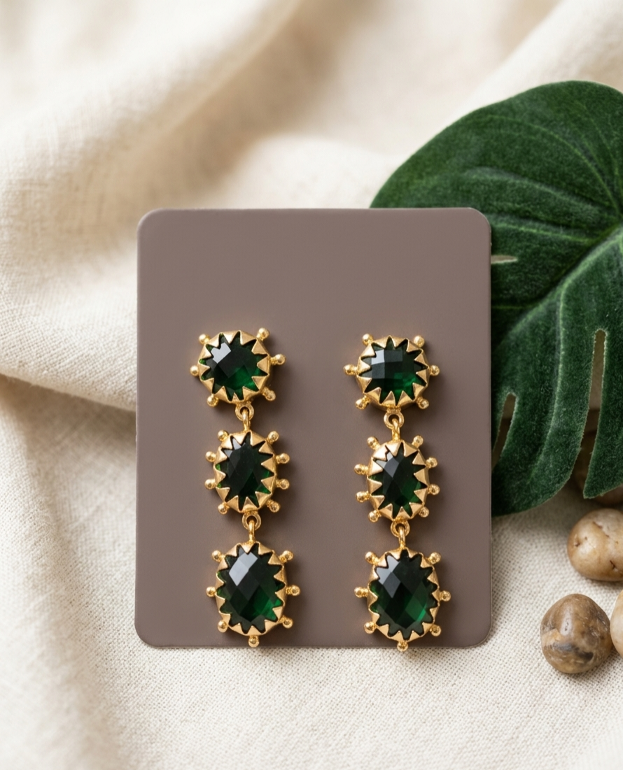 Regal Emerald Green Triple-Drop Statement Earrings