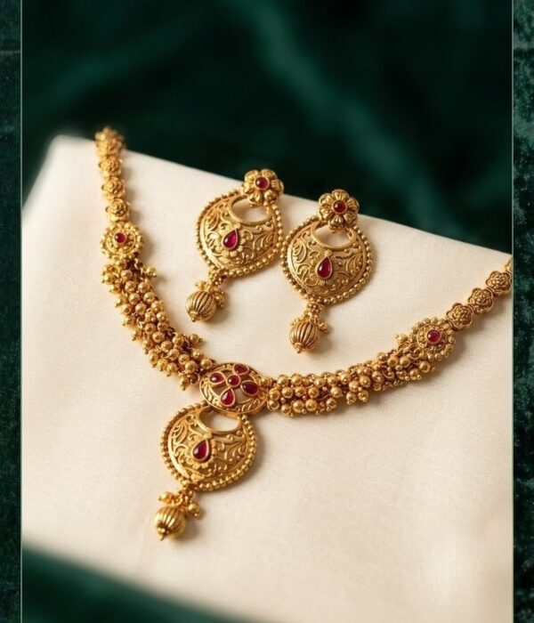 Gold-Toned Antique Necklace & Earring Set with Ruby Accents
