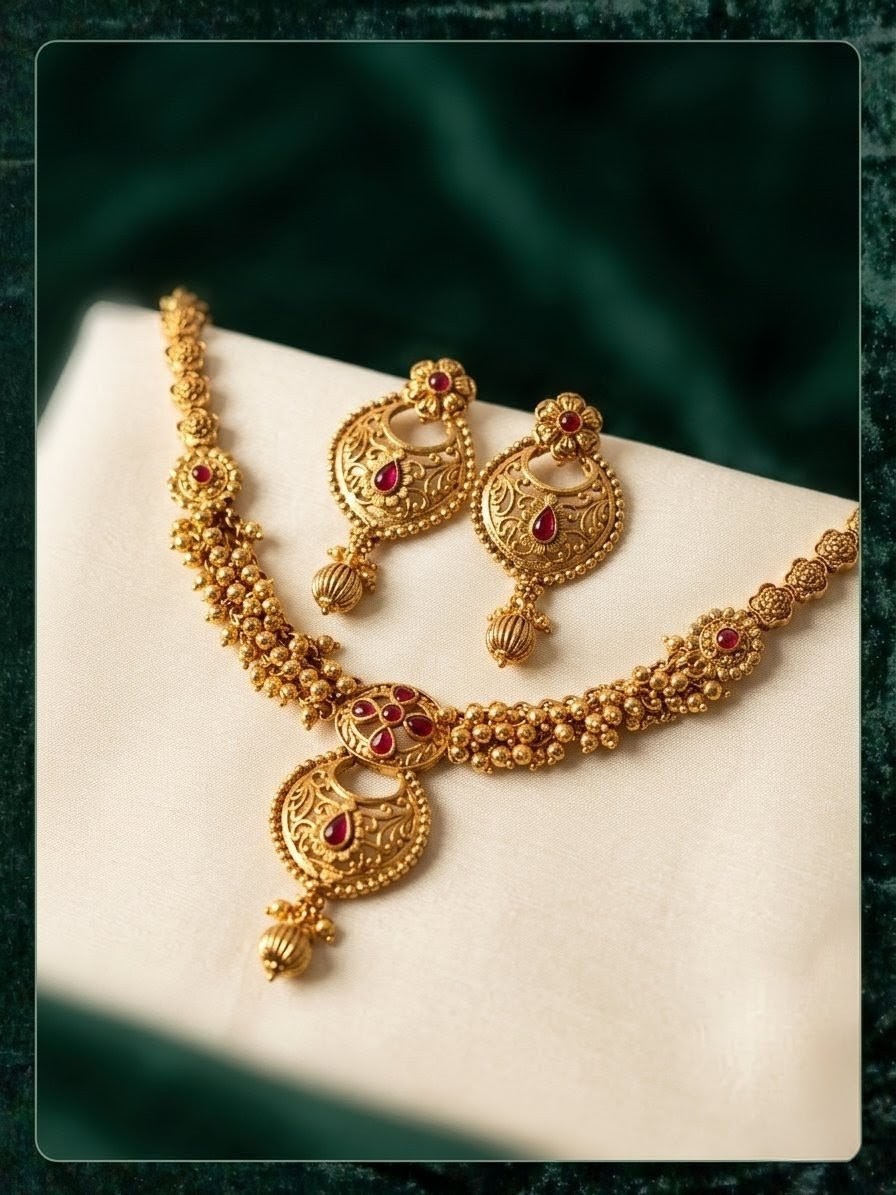 Gold-Toned Antique Necklace & Earring Set with Ruby Accents
