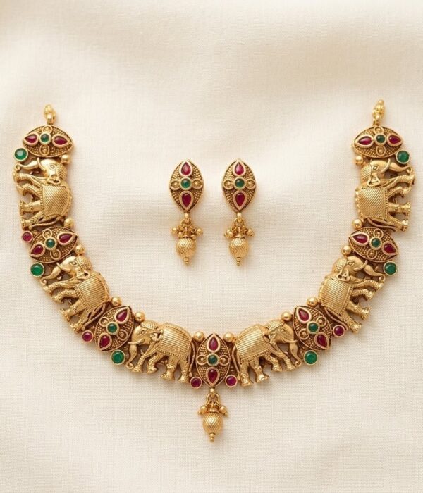 ​Regal Artisan Elephant Pendant Set with Red & Green Stones