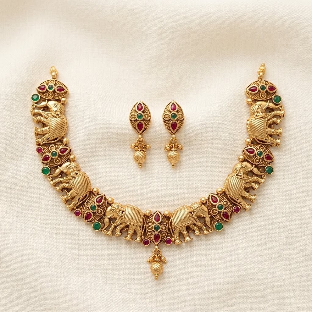 ​Regal Artisan Elephant Pendant Set with Red & Green Stones