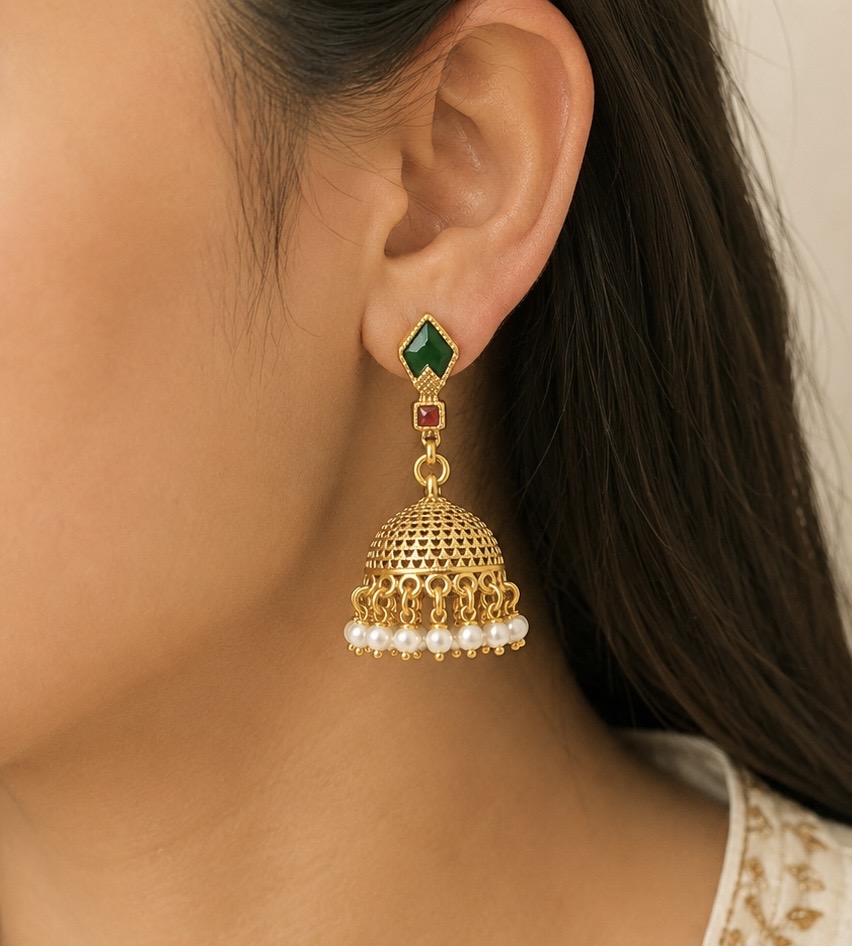 Emerald Pearl Jhumka Earrings