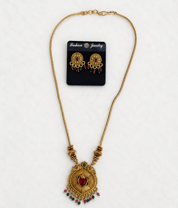 Antique Temple Pendant Necklace Set with Matching Earrings
