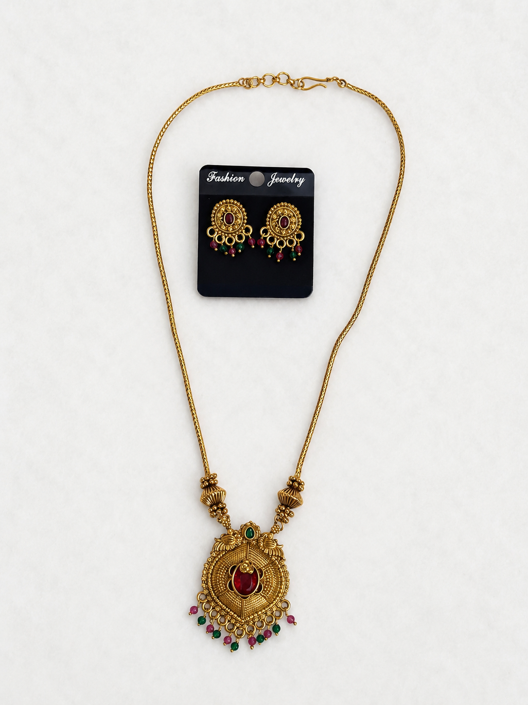 Antique Temple Pendant Necklace Set with Matching Earrings