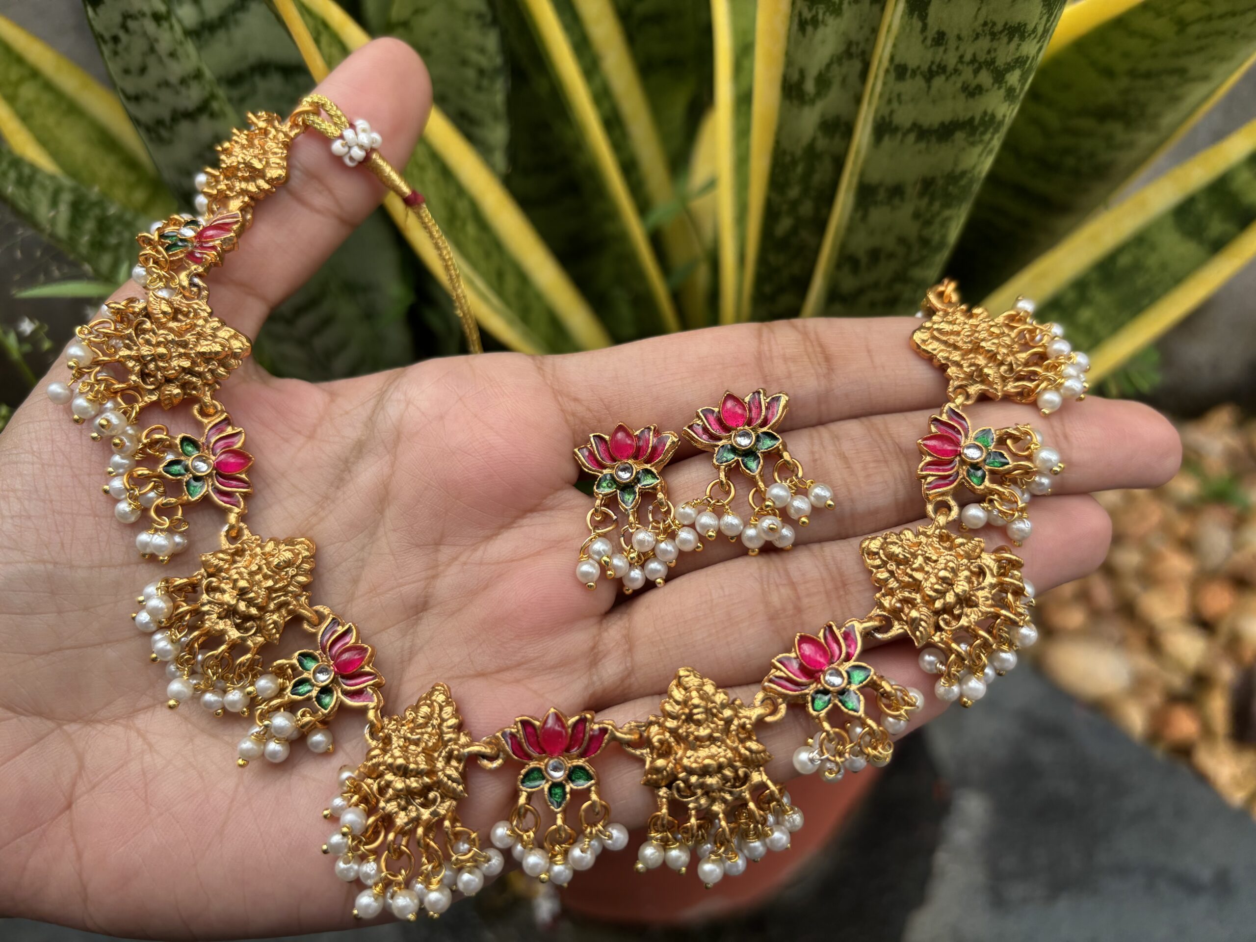Mahalakshmi Mini Lotus Pearl Neckpiece With Earring