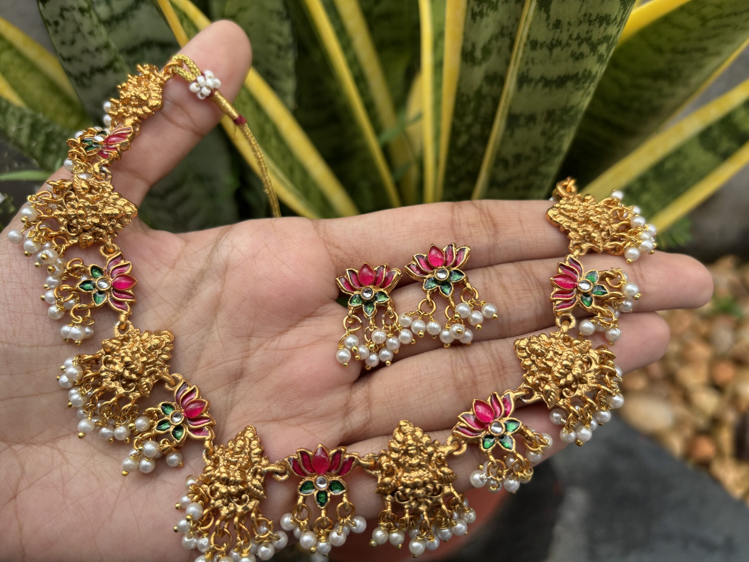 Mahalakshmi Mini Lotus Pearl Neckpiece With Earring