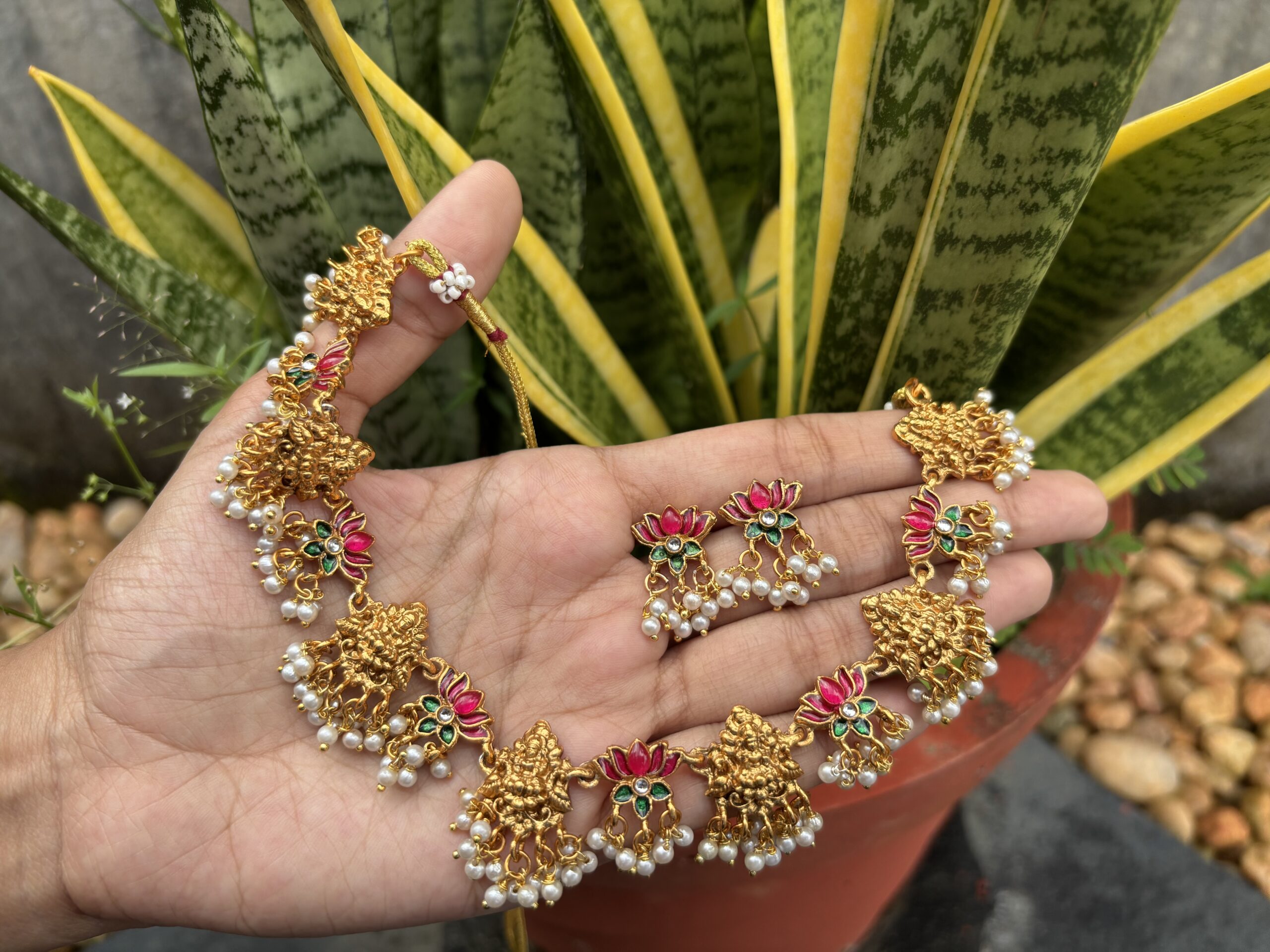 Mahalakshmi Mini Lotus Pearl Neckpiece With Earring