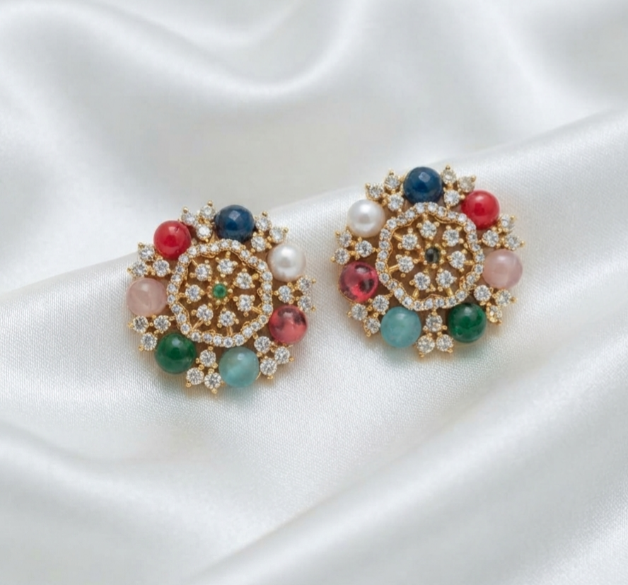 Navaratna Floral Stud Earrings