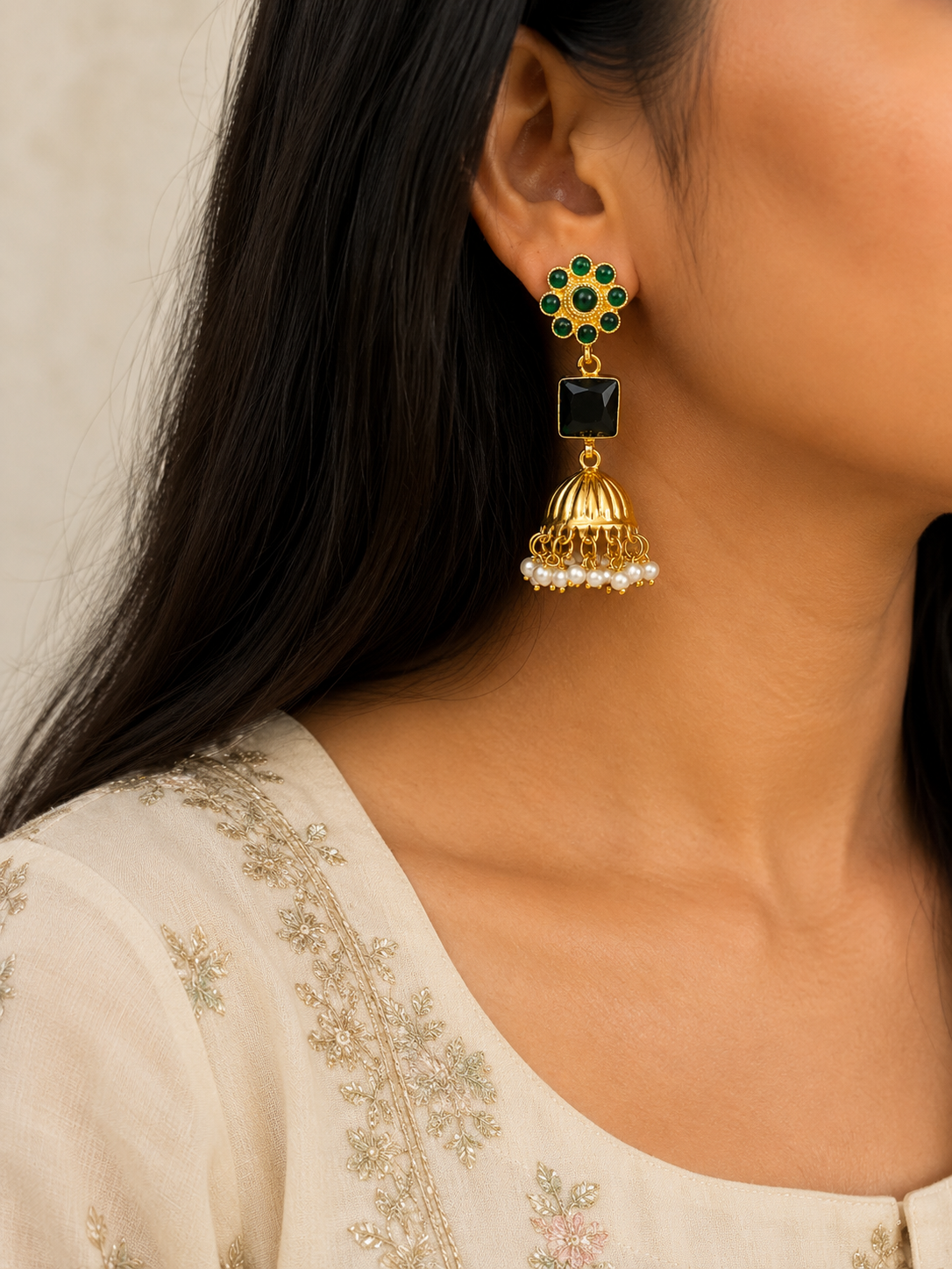 Emerald Bloom Jhumka Earrings