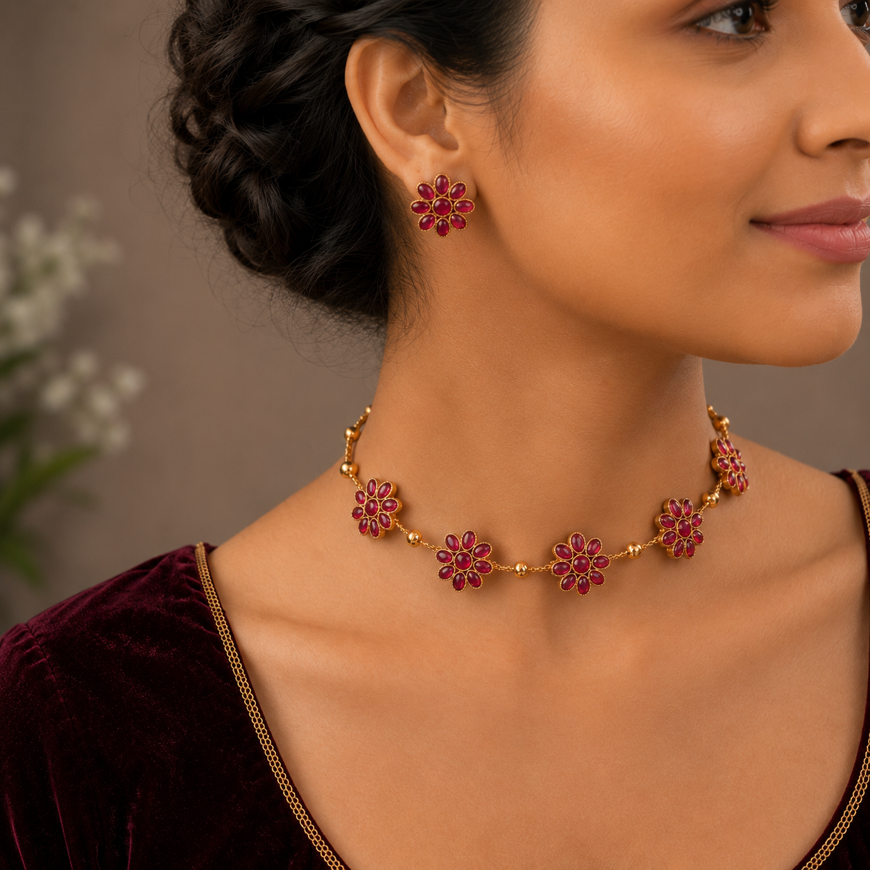 Ruby Blossom Floral Choker Set