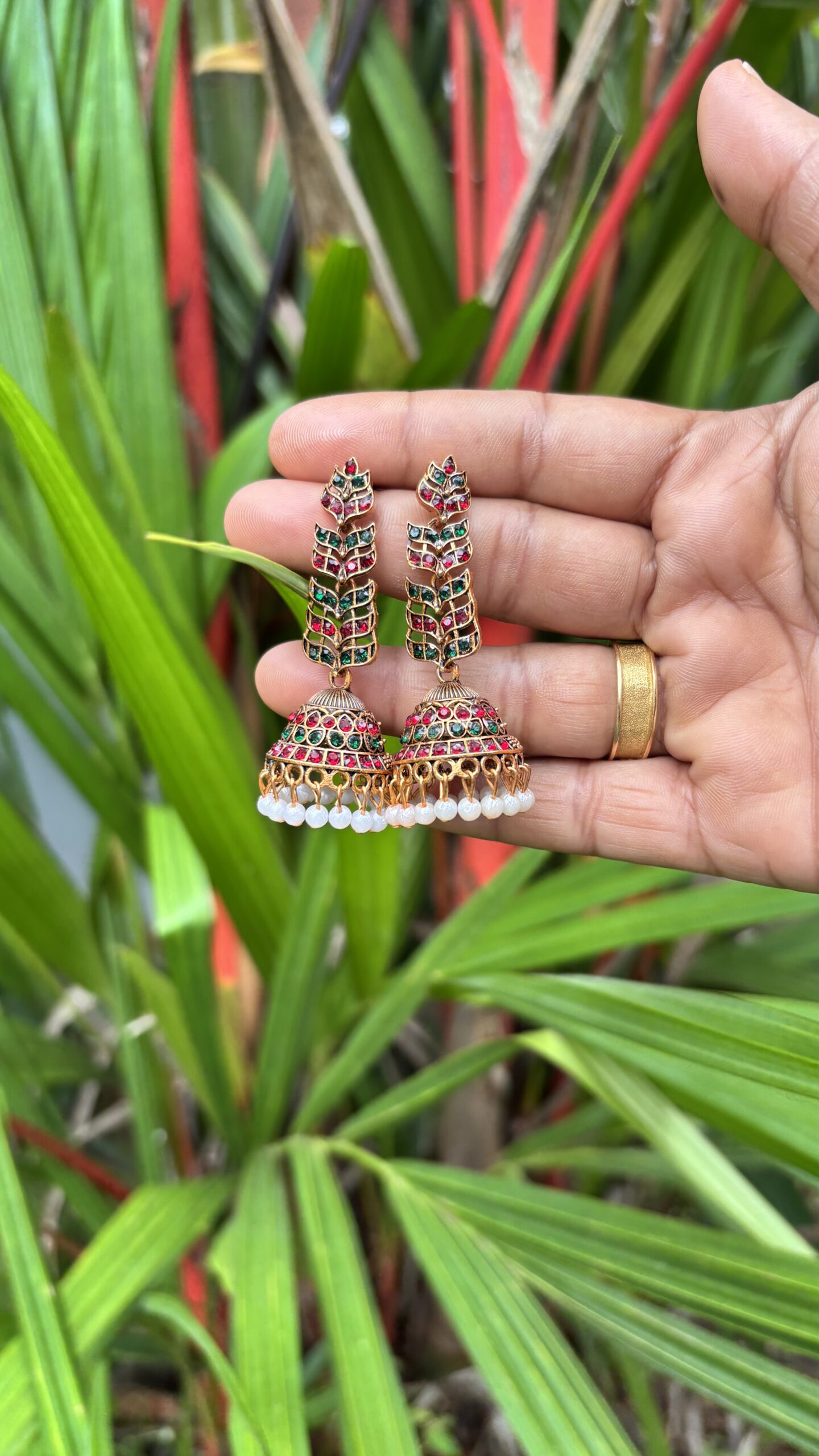 Mayura Leaf Antique Kemp Jhumkas