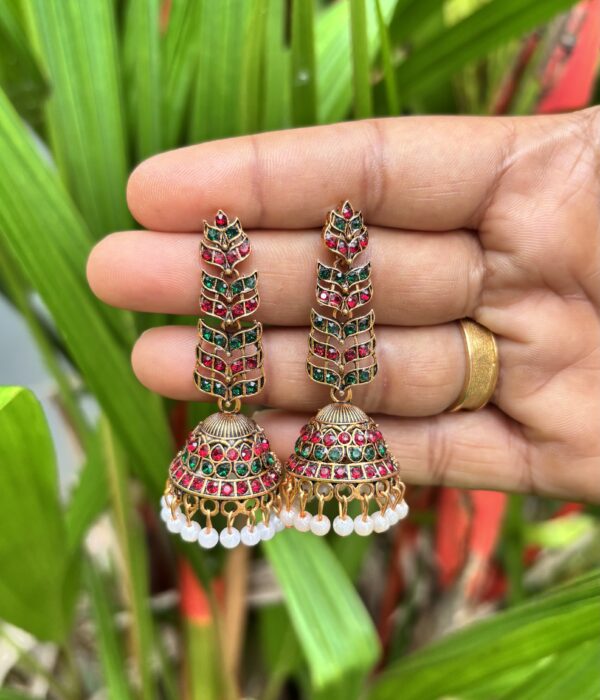 Mayura Leaf Antique Kemp Jhumkas