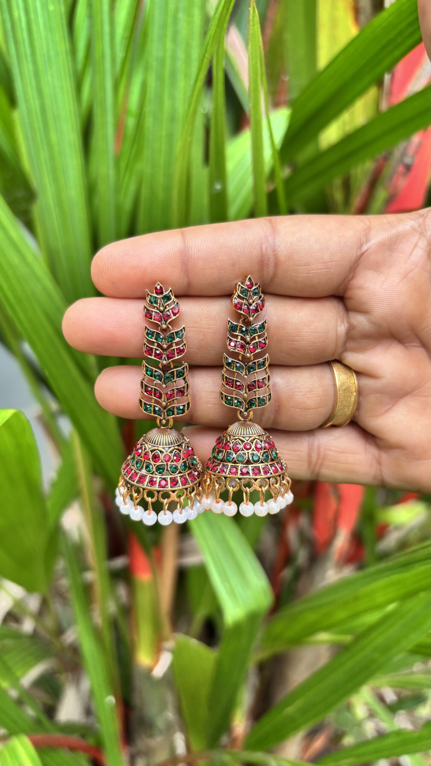 Mayura Leaf Antique Kemp Jhumkas
