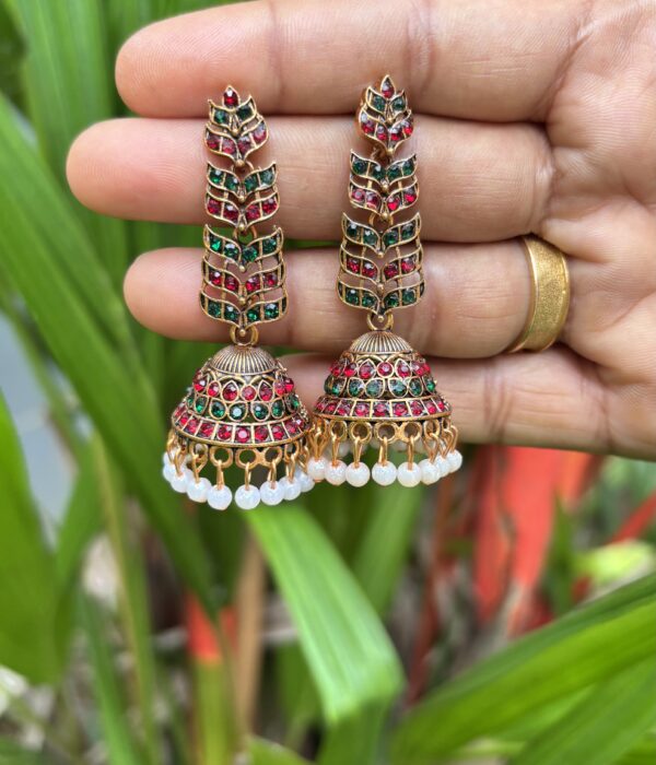 Mayura Leaf Antique Kemp Jhumkas