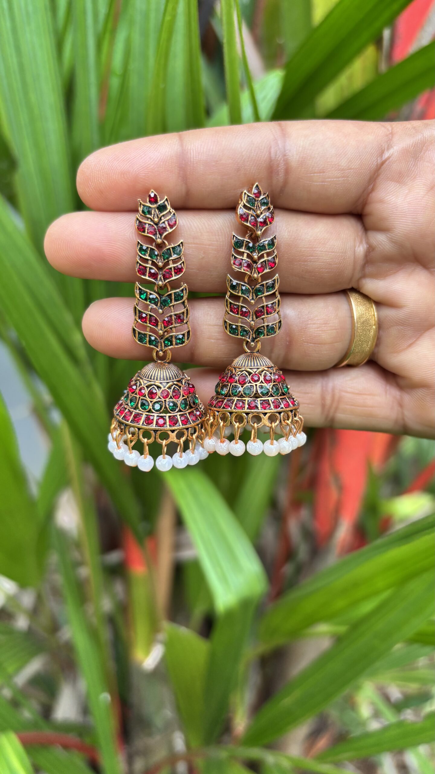 Mayura Leaf Antique Kemp Jhumkas