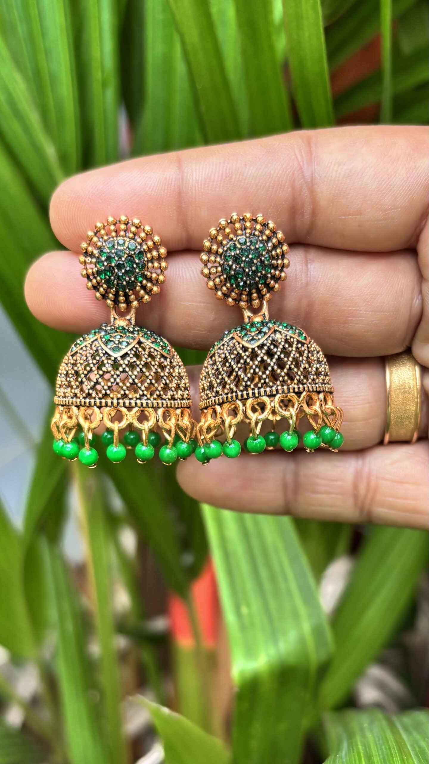 Emerald Floral Jaali Jhumkas